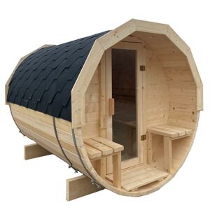 Exteriérová sudová sauna s terasou 2,4 m + pec Harvia Grátis